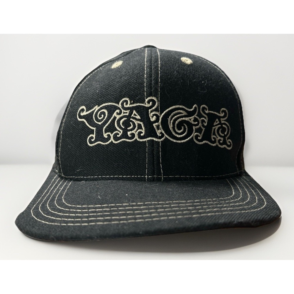 Vintage YAGA Snapback Hat Black Denim White Stitching Surf Skate Streetwear 90s